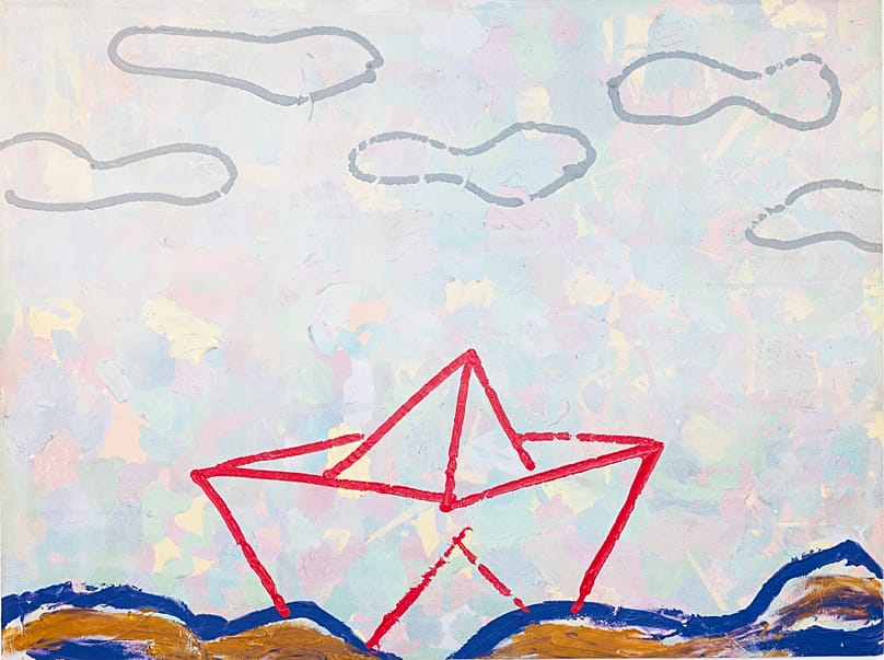 Θαλασσογραφία με βαρκούλα και πατημασιές αγγέλων στα σύννεφα, 1993 78 x 102 εκ., ακρυλικό και μικτά υλικά σε κόντρα πλακέ