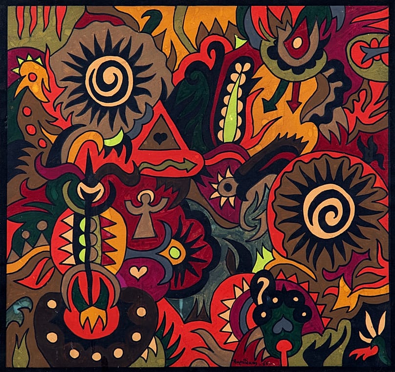 Δύο ήλιοι, 1965  34,5 x 36,5 εκ., τέμπερα και μελάνι σε χαρτί