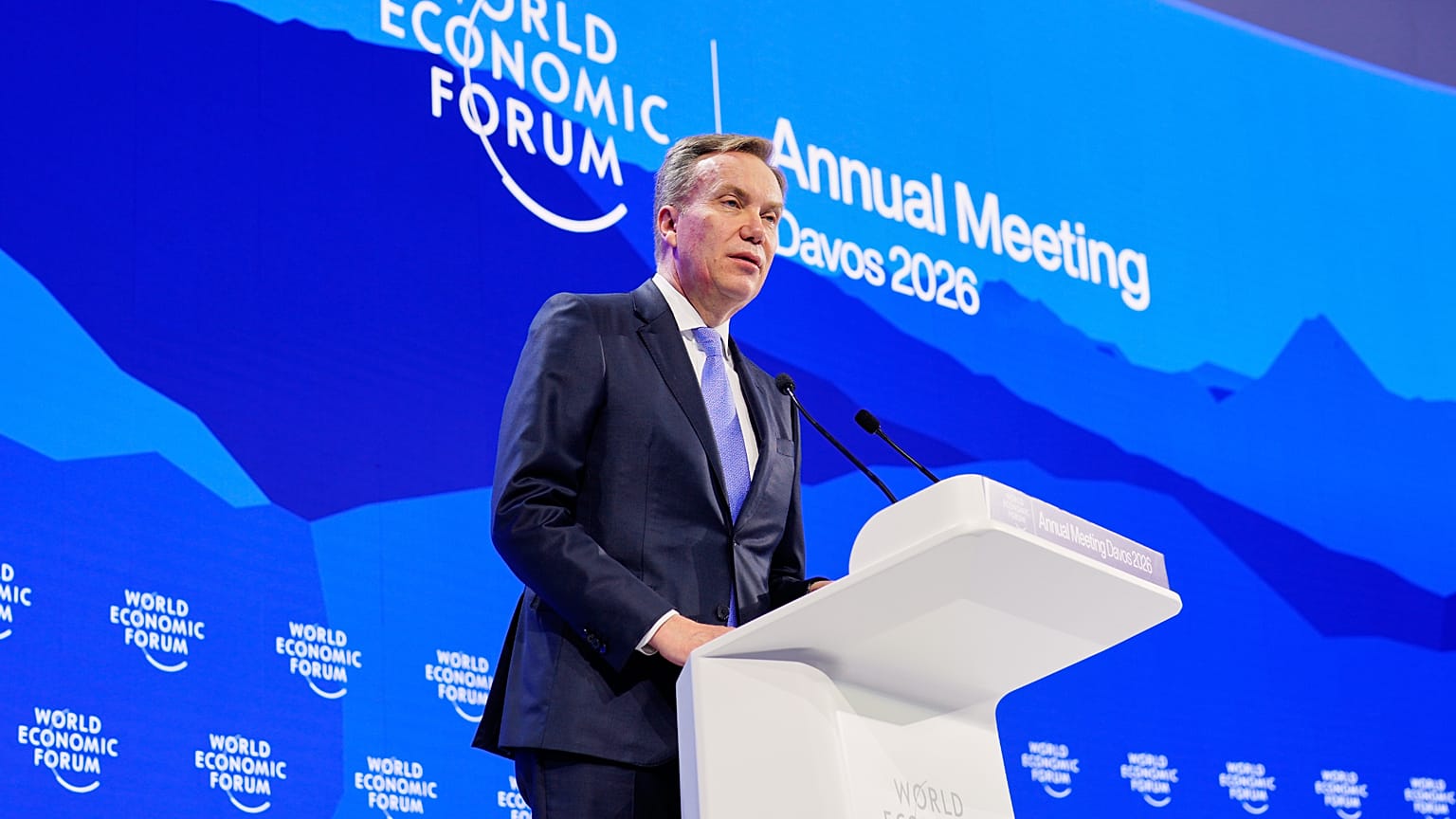 FILE - CEO of the World Economic Forum Borge Brende talks during of the Annual Meeting of the World Economic Forum in Davos, Switzerland, 20 January 2026. 