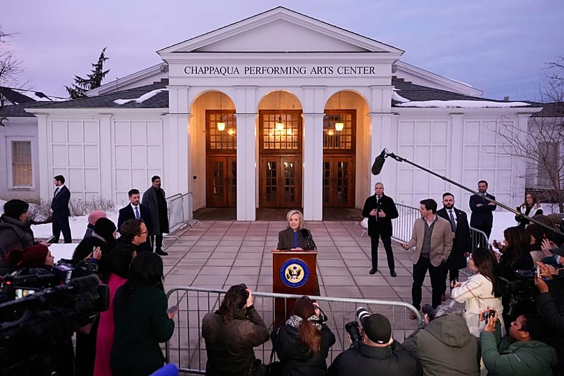Former Secretary of State Hillary Clinton speaks outside the Chappaqua Performing Arts Center, Thursday, Feb. 26, 2026.
