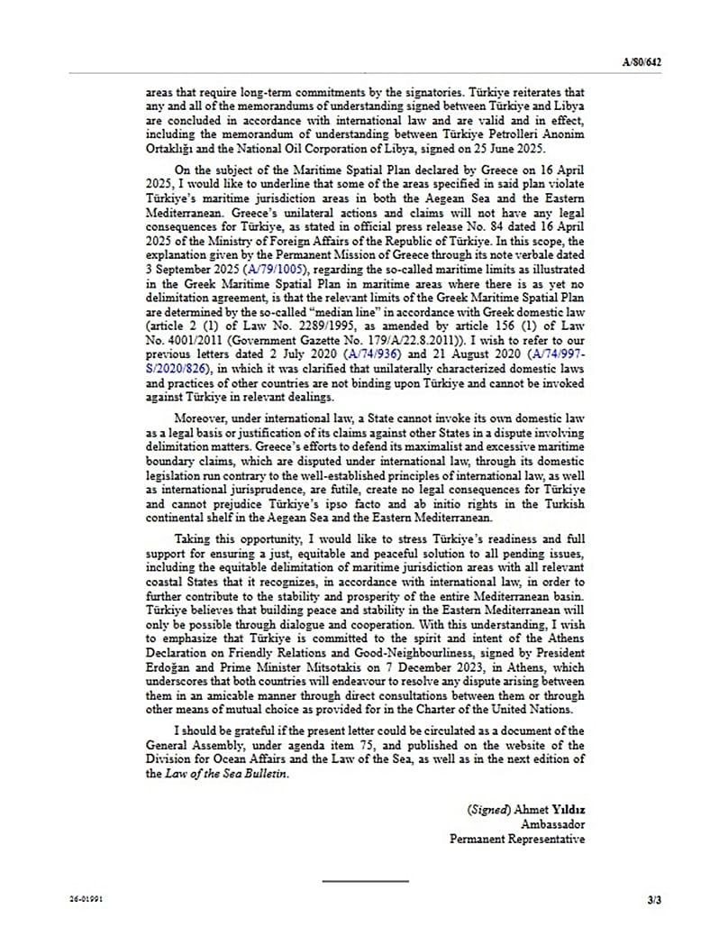 Η επιστολή της Τουρκίας στον ΟΗΕ