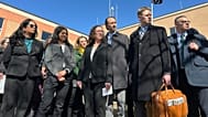 Des responsables et avocats de Greenpeace écoutent une question de la presse après le verdict d'un jury au tribunal de Morton County, à Mandan, le 19 mars 2025.