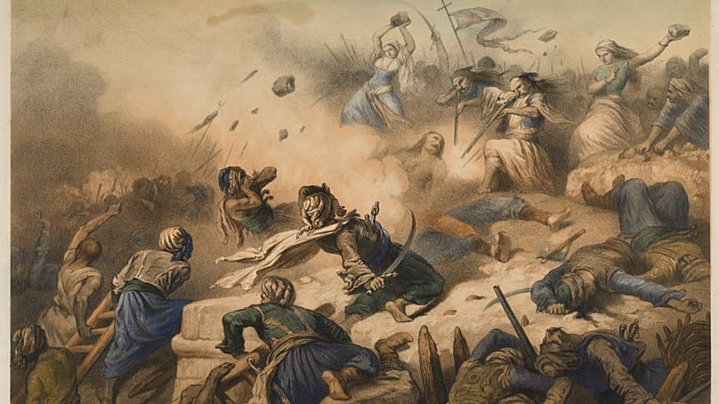 Alphonse-Marie de Neuville (1835-1885) (σχεδιαστής) Η Υπεράσπιση του Μεσολογγίου Επιχρωματισμένη λιθογραφία Μουσείο Μπενάκη ΓΕ_26331