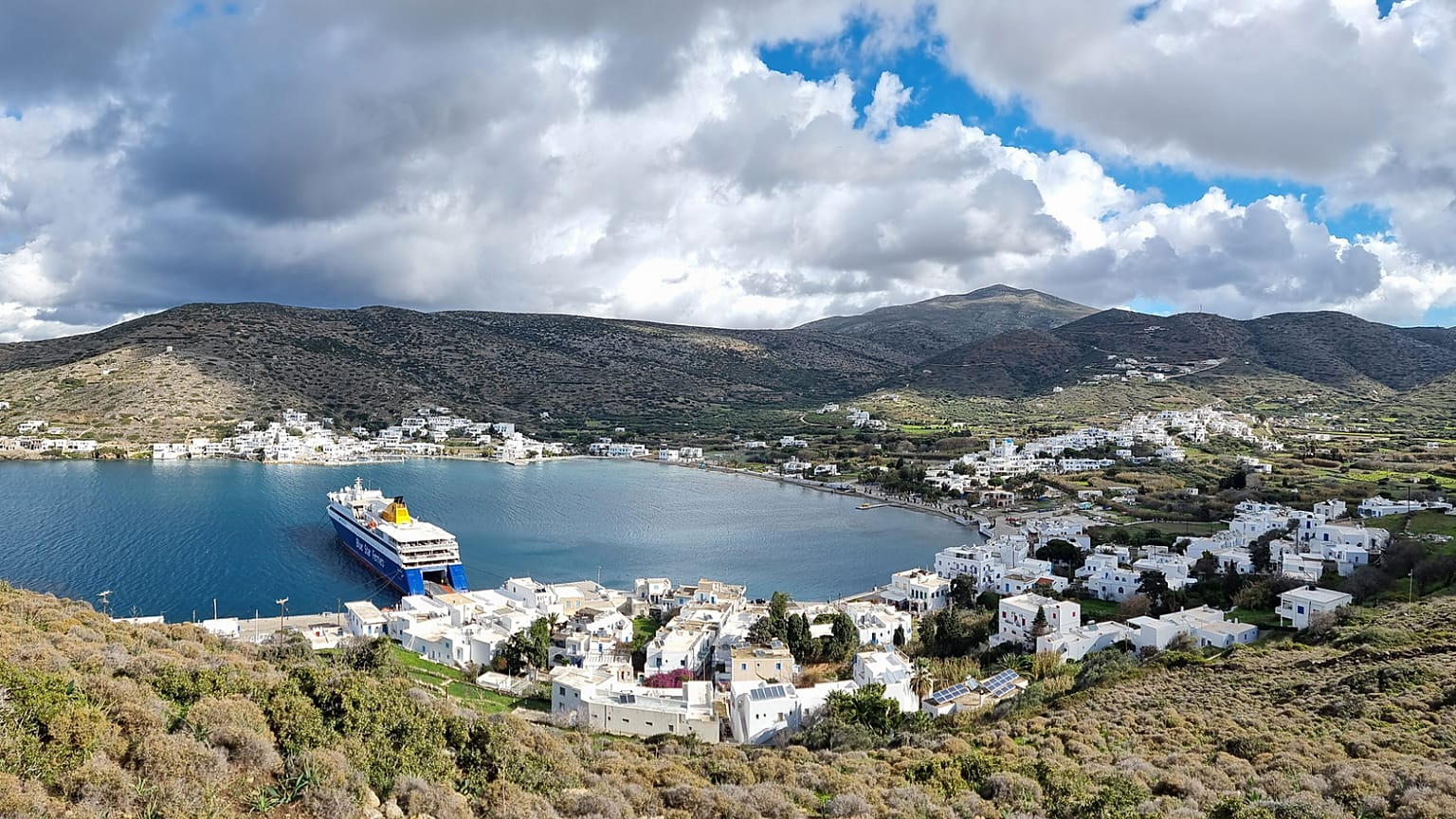 The Katapola Village and the Ancient City of Minoa are located on the island of Amorgos in the Cyclades.