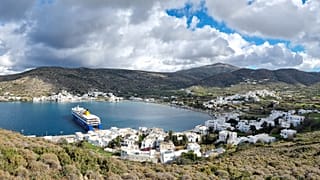 The Katapola Village and the Ancient City of Minoa are located on the island of Amorgos in the Cyclades.