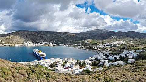The Katapola Village and the Ancient City of Minoa are located on the island of Amorgos in the Cyclades.