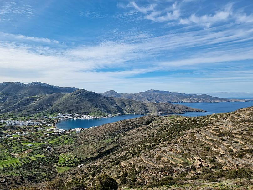 The port of Katapola below the Ancient City of Minoa.