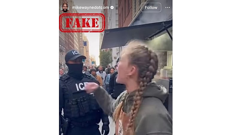 Imagem gerada por IA de um agente do ICE mostra fumo a sair de uma superfície sólida. 