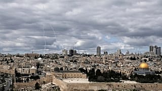 Traces of an air defence missile interception are seen over Jerusalem's Old City, 28 February, 2026