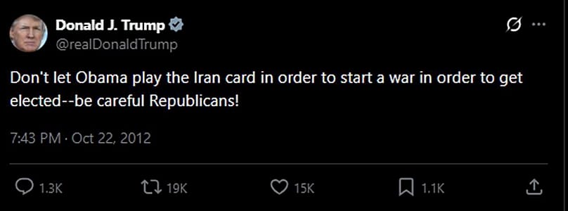 لقطة شاشة لتغريدة تعود للرئيس الأمريكي دونالد ترامب نشرها في 22 أكتوبر 2012،