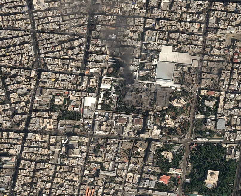 Image provided by Airbus shows the strike on Iranian Supreme Leader's compound on Saturday, Feb. 28, 2026 in Iran. 