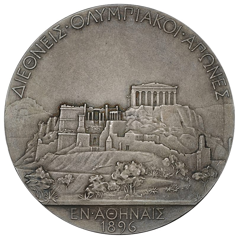 The back of the coin features the Acropolis with the Parthenon and the inscription 'International Olympic Games - Athens 1896'