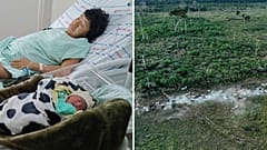 Babawru Akuntsu liegt mit ihrem neugeborenen Sohn in Vilhena, Brasilien, am neunten Dezember 2025. | ARCHIV: Rinder auf illegal gerodetem Land bei Jaci-Paraná, Brasilien, im Juli 2023.