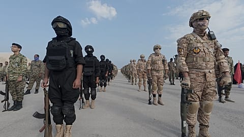 In this image provided by Sepahnews of the Iranian Revolutionary Guard on 16 Feb. 2026, shows troops standing at attention during the guard's drill in the Persian Gulf.