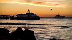 Bei Sonnenaufgang überqueren Fähren den Tejo in Lissabon, am Montag, dem 18. Oktober 2010.