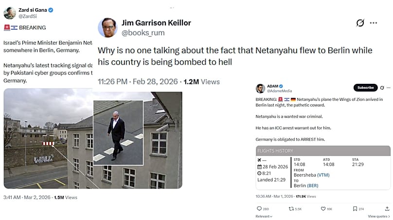 Παραπλανητικές αναρτήσεις ισχυρίζονται ότι ο Νετανιάχου είχε φτάσει στο Βερολίνο με βάση τα δεδομένα παρακολούθησης πτήσης που έδειχναν προσγείωση κυβερνητικού αεροσκάφους του Ισραήλ. 