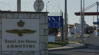 The main gate of Britain's RAF Akrotiri base on Cyprus after it was hit by a suspected drone strike, early morning of 2 March 2026. 
