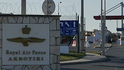 The main gate of Britain's RAF Akrotiri base on Cyprus after it was hit by a suspected drone strike, early morning of 2 March 2026. 