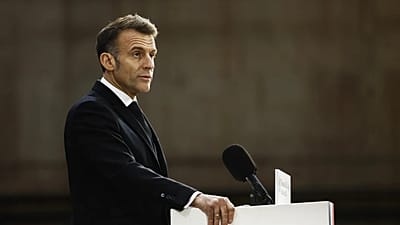 French President Emmanuel Macron delivers a speech next to the submarine 'Le Temeraire' at a Navy base in Crozon, 2 March, 2026