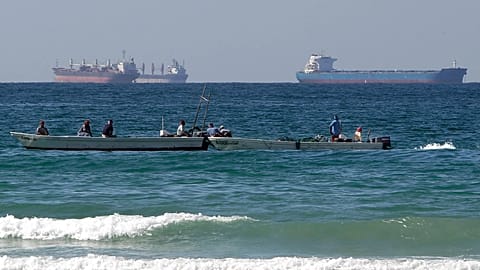 Oil tankers south of the Strait of Hormuz off the town of Ras Al Khaimah in the United Arab Emirates.