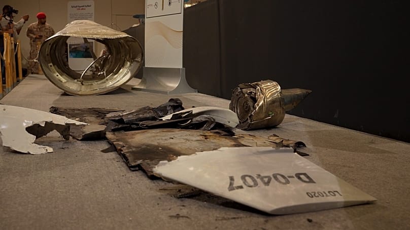 Iranian missile and drone debris displayed at the UAE government press briefing in Abu Dhabi, United Arab Emirates. Tuesday 3 March, 2026.