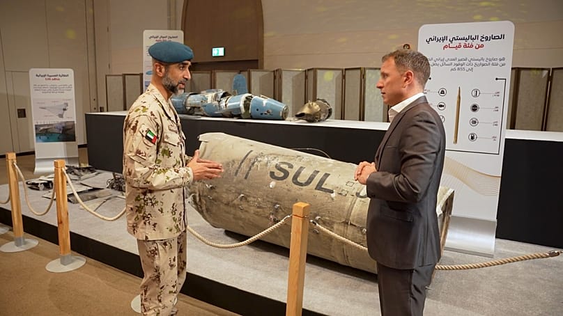 Iranian missile and drone debris displayed at the UAE government press briefing in Abu Dhabi, United Arab Emirates. Tuesday 3 March, 2026.