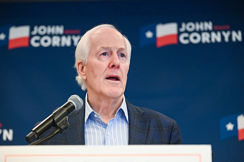 Republican Senator John Cornyn speaking to reporters, March 3, 2026, in Austin. (AP Photo/Jack Myer)