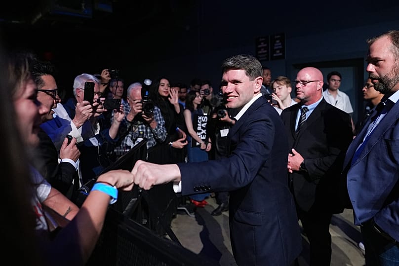 Texas state Rep. James Talarico greets supporters at a primary election watch party, March 3, 2026, in Austin. (AP Photo/Eric Gay)