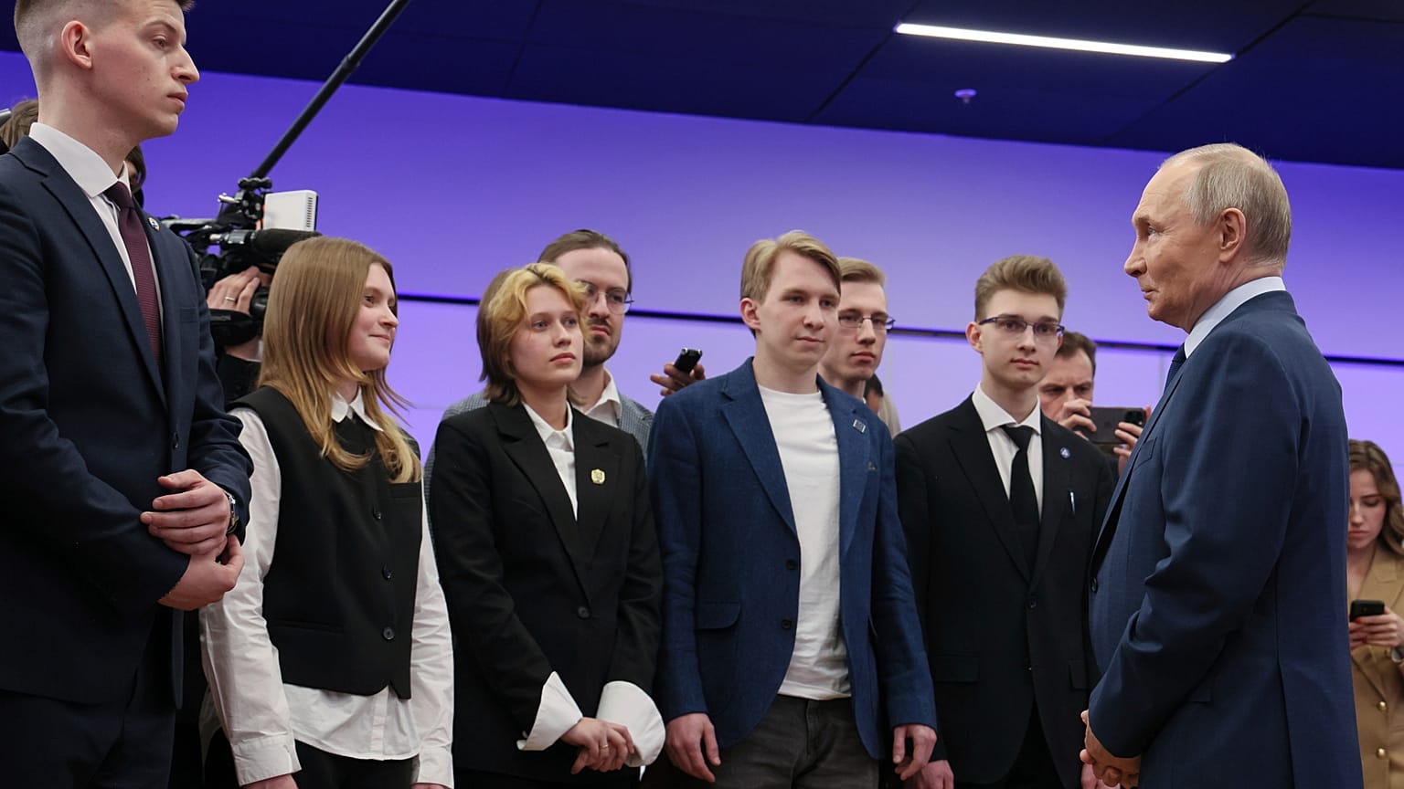 Le président russe Vladimir Poutine s'adresse aux étudiants de l'Université technique d'État de Moscou Bauman, à Moscou. 16 avril 2025