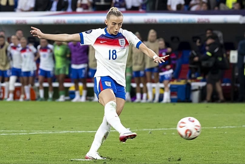 On the spot: Chloe Kelly scores in the shoot-out to decide the Women's Euro 2025 final as England beat Spain at Switzerland's St. Jakob-Park in Basel 27 July 2025