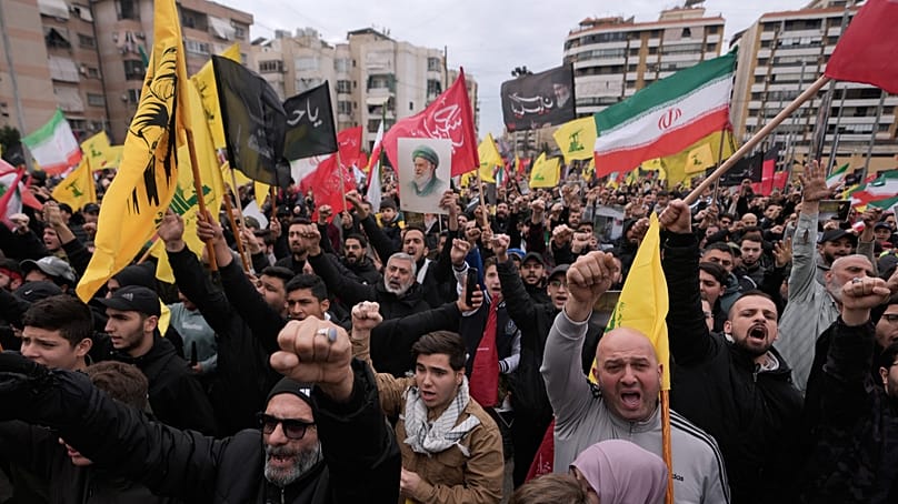 Hezbollah supporters gather to mourn the death of Iranian Supreme Leader Ayatollah Ali Khamenei in the southern Suburb of Beirut, March 1, 2026