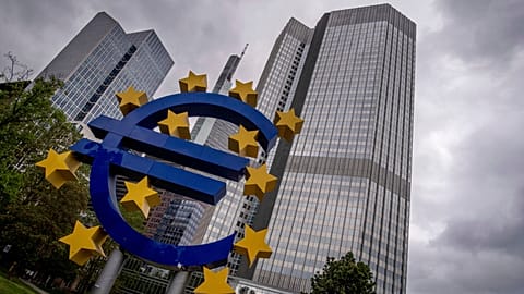 FILE - The euro sculpture stands in front of the former headquarters of the European Central Bank (ECB) in Frankfurt, 23 May 2023