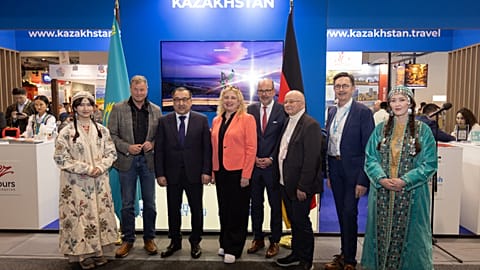 Representatives of Kazakhstan and Germany at the Kazakhstan pavilion during ITB Berlin