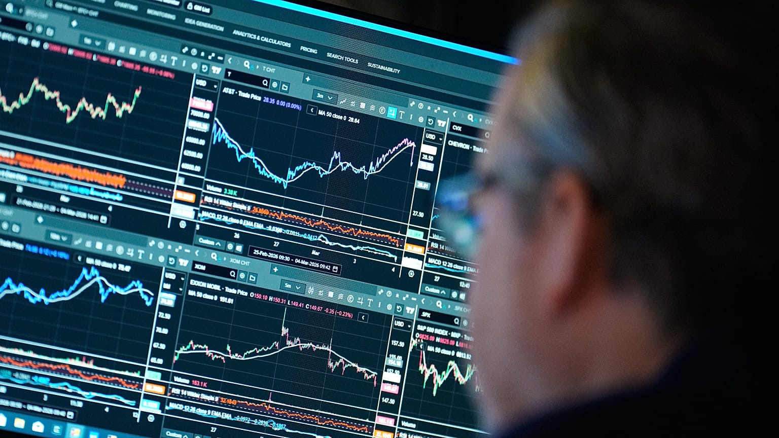 Financial information is displayed on the floor at the New York Stock Exchange in New York, Wednesday, 4 March 2026. 