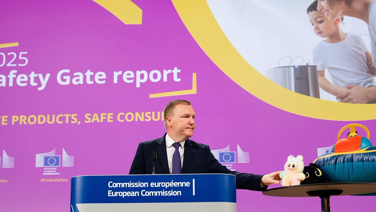 Michael McGrath, European Commissioner of Consumer Protection, during the presentation of the 2025 Safety Gate Report.