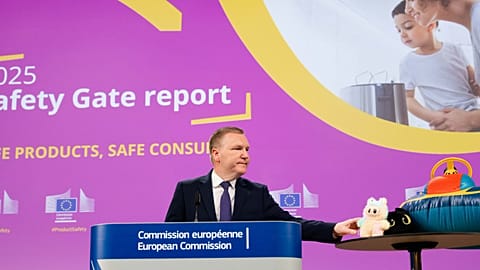 Michael McGrath, European Commissioner of Consumer Protection, during the presentation of the 2025 Safety Gate Report.