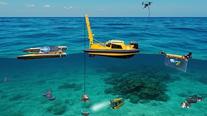 Mock image of how SeaClear uses technology to clear litter from the sea floor.