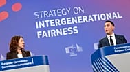 Roxana Mînzatu, Executive Vice-President of the European Commission, and Glenn Micallef, European Commissioner, unveil the Intergenerational Fairness Strategy.