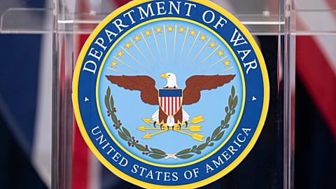 The seal is seen on a podium at the Pentagon, Wednesday, Dec. 10, 2025, in Washington, before Defense Secretary Pete Hegseth speaks