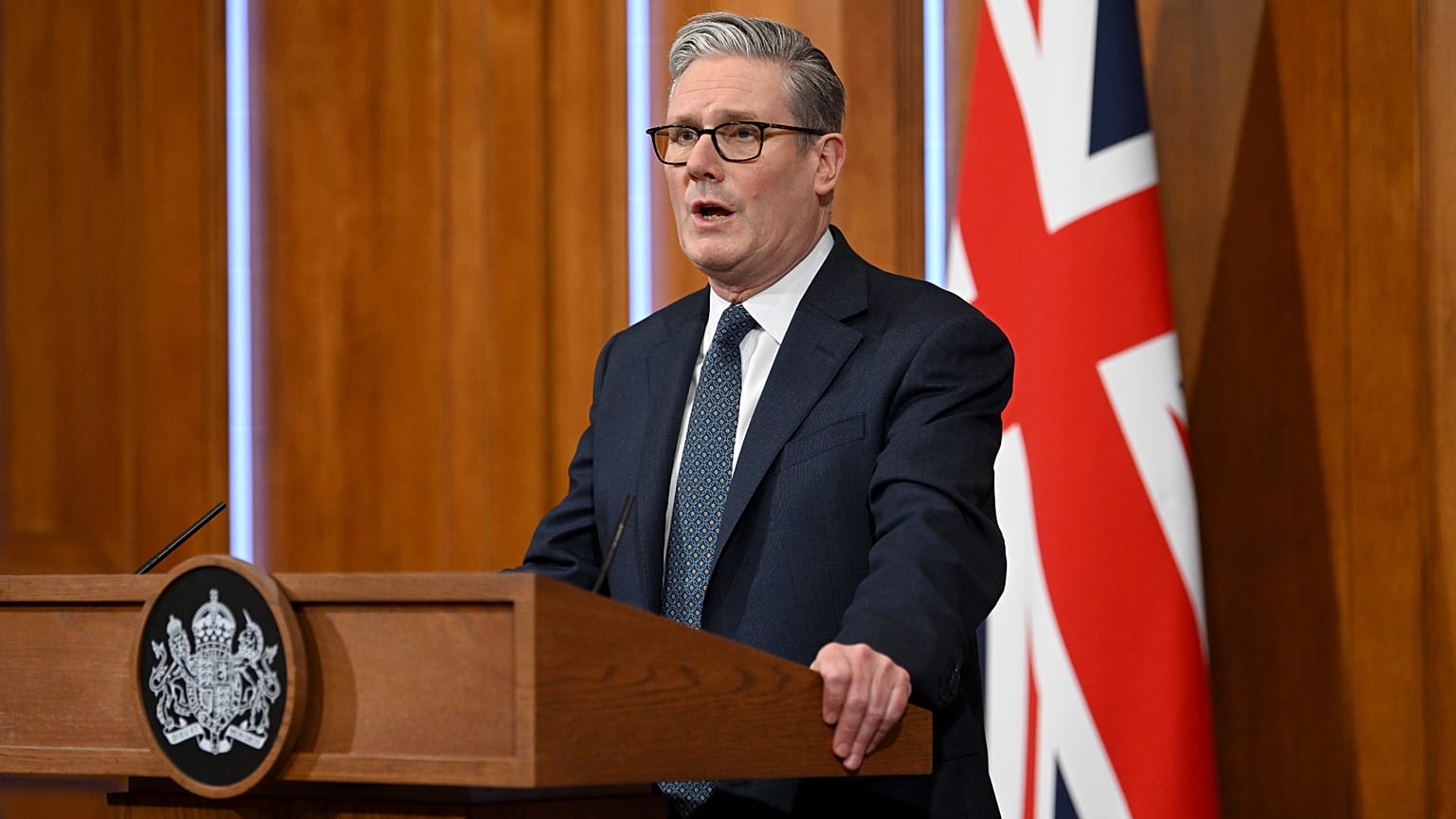 Britain's Prime Minister Keir Starmer gives an update on the situation in the Middle East at Downing Street Briefing Room in London, England, Thursday, March 5, 2026.