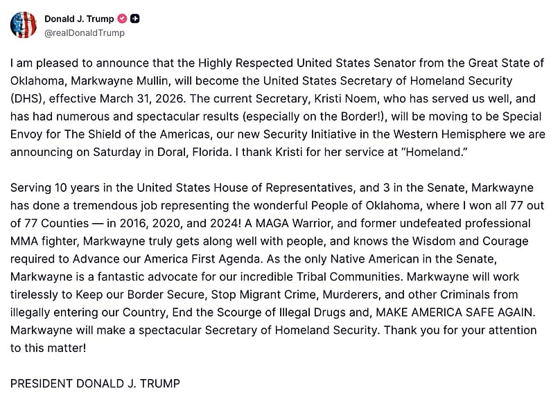 Post Donalda Trumpa na temat zmiany na stanowisku sekretarza bezpieczeństwa krajowego USA