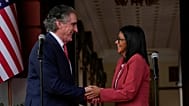 Venezuela's acting President Delcy Rodriguez, right, and U.S. Interior Secretary Doug Burgum shake hands after a meeting at Miraflores presidential palace in Caracas.