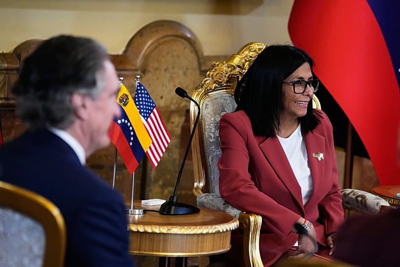 Venezuela's acting President Delcy Rodriguez, right, and U.S. Interior Secretary Doug Burgum meet at Miraflores presidential palace in Caracas, Venezuela, Wednesday, March 4.