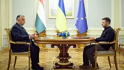 На этой фотографии, предоставленной пресс-службой президента Украины, президент Украины Владимир Зеленский (справа) и премьер-министр Венгрии Виктор Орбан во время встречи в 