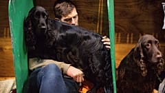 Ein Mann döst mit einem Field Spaniel im Arm im National Exhibition Centre (NEC) in Birmingham.
