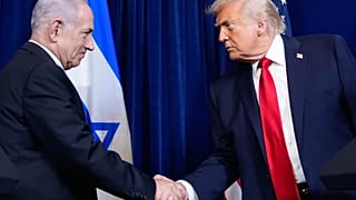 President Donald Trump shakes hands with Israel's Prime Minister Benjamin Netanyahu during a news conference at Mar-a-Lago, Dec. 29, 2025, in Palm Beach, Fla.