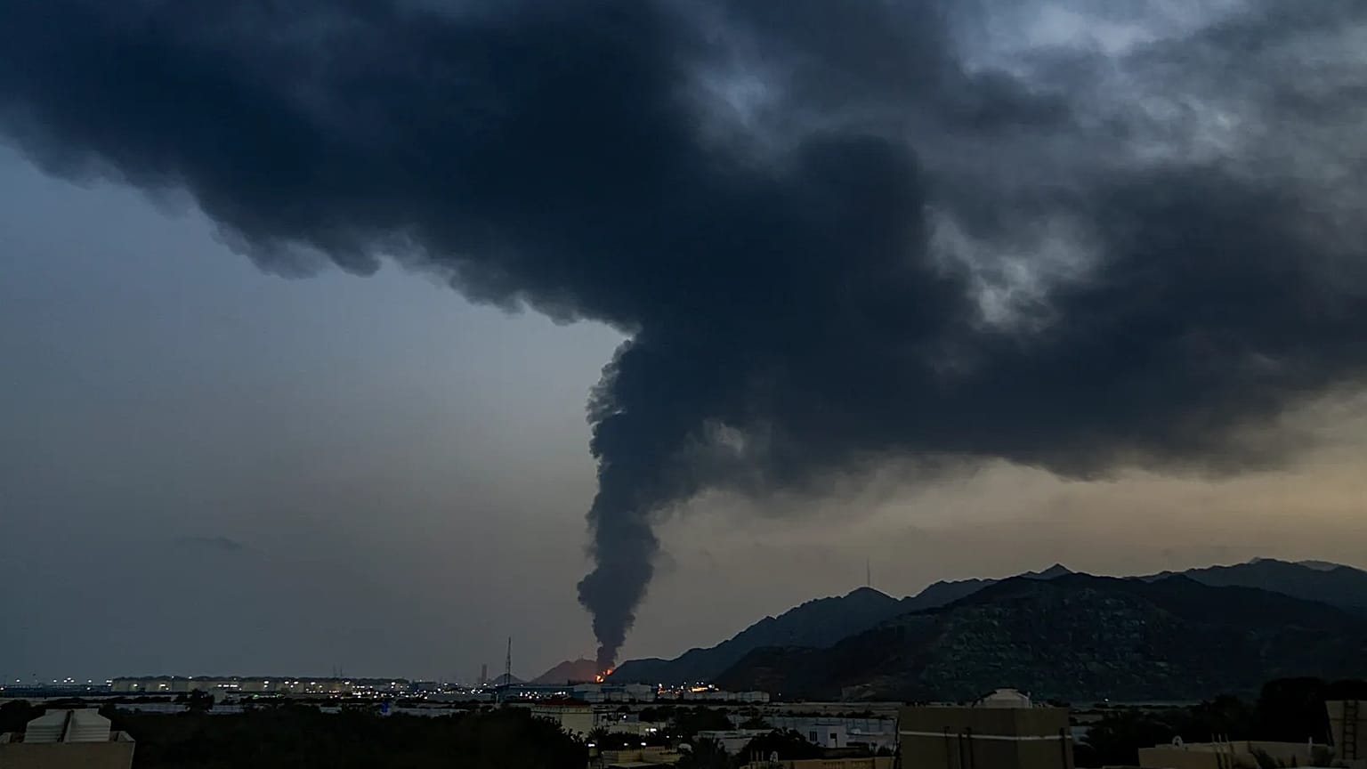 Large fire and plume of smoke is visible after, according to the authorities, debris of an Iranian intercepted drone hit the Fujairah oil facility, UAE. 3 March 2026