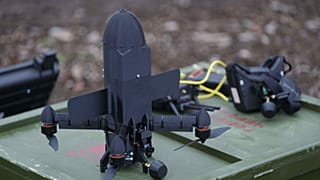 An interceptor drone of "General Cherry" company stands on a box before flight at the polygon in Ukraine, on Dec. 4, 2025. 
