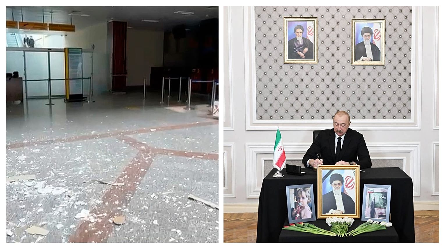 حضور علی‌اف در سفارت ایران در باکو در چهارم مارس (راست) و حملات پهپادی به فرودگاه نخجوان در تاریخ پنجم مارس