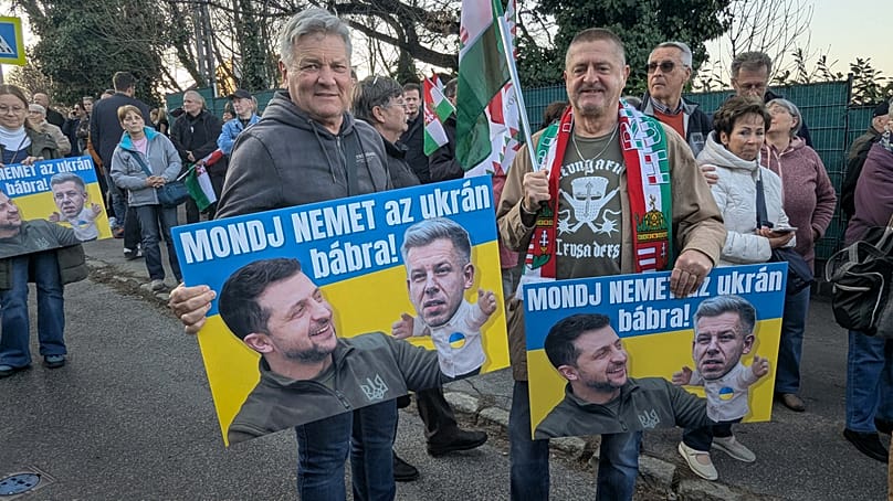 Protesters outside Ukraine's Embassy in Budapest 